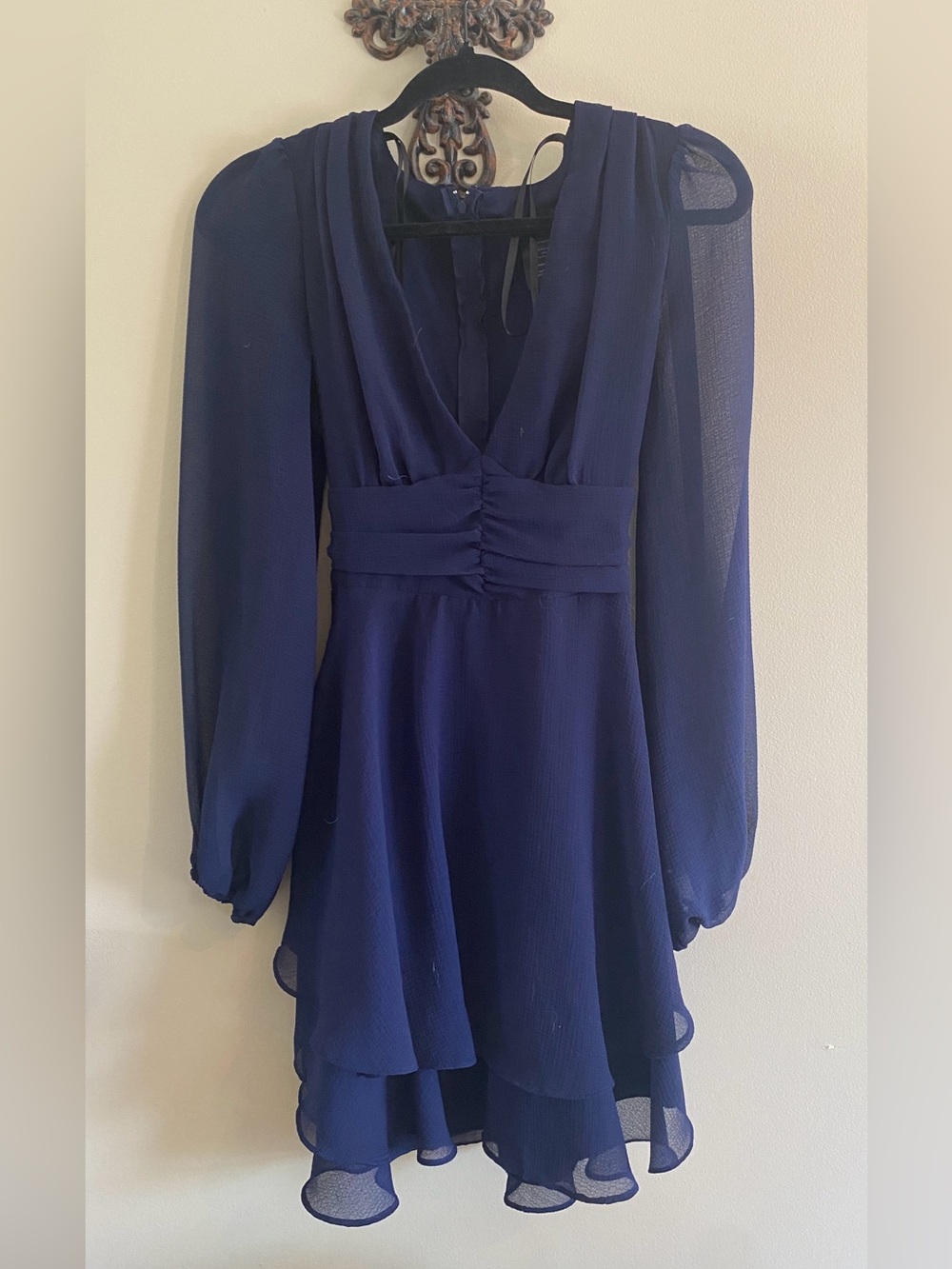 B Darlin Navy Long-Sleeve V-Neck Layered Cocktail Dress